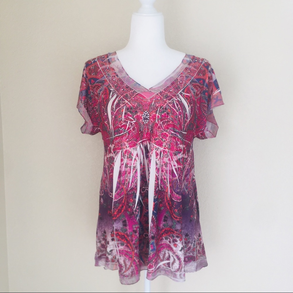 Apt. 9 Pink Embellished Boho Top - Large